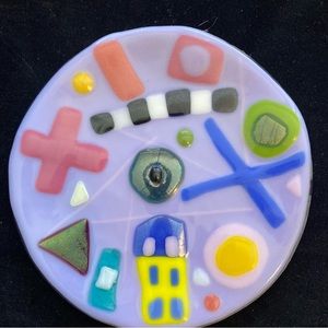 Lavender Village ”Design Fused Art Glass  Handmade 8”x 1” Bowl Lavender  Symbols